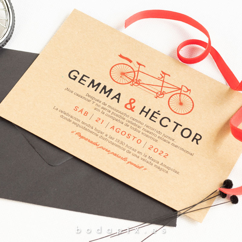 invitaciones de boda kraft con bicicleta