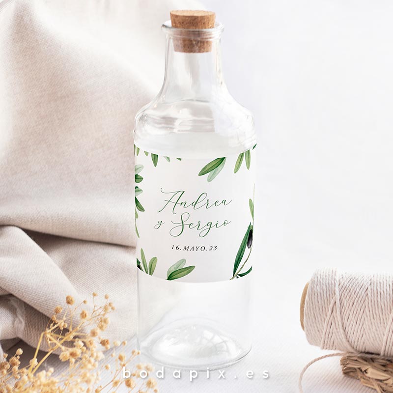etiqueta botella boda olivo