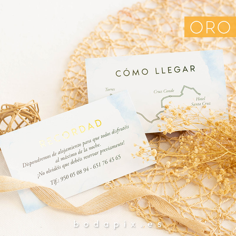 tarjetón informativo para bodas dorado
