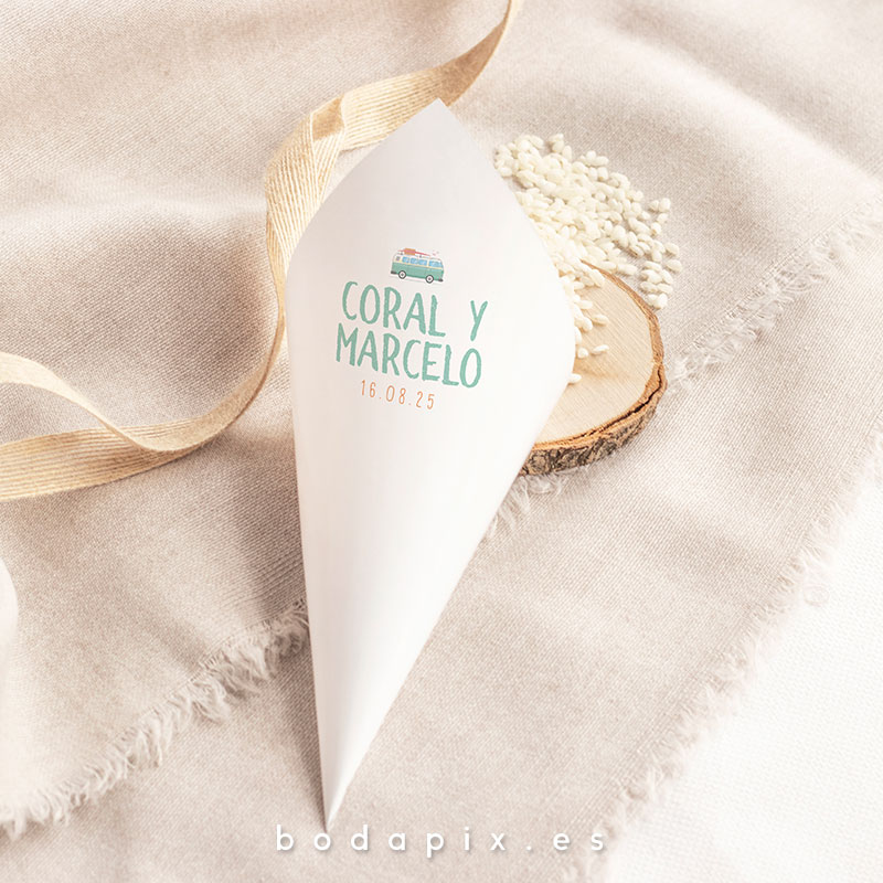 cono cucurucho personalizado boda confeti arroz caravana
