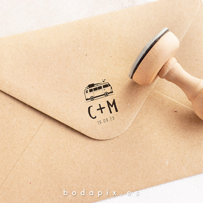 sello madera boda personalizado caravana