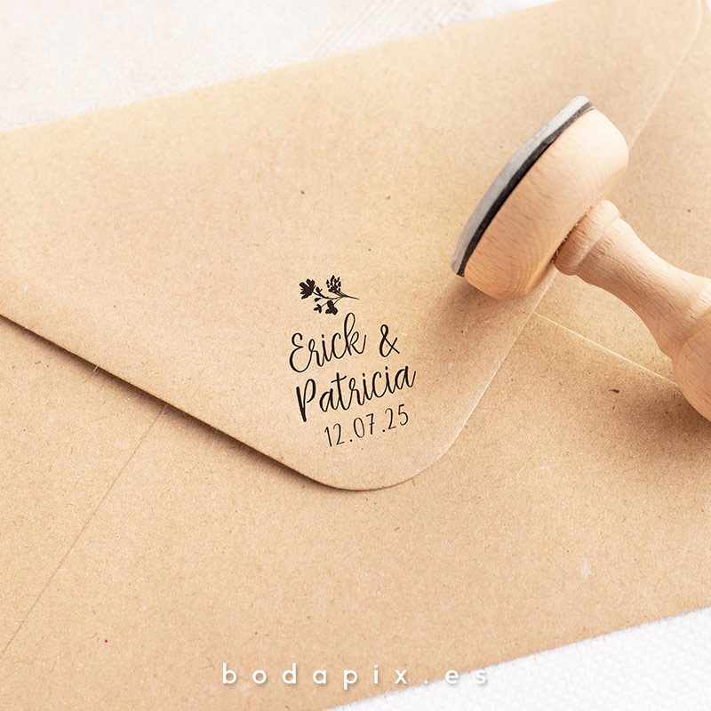 sello madera boda personalizado malva