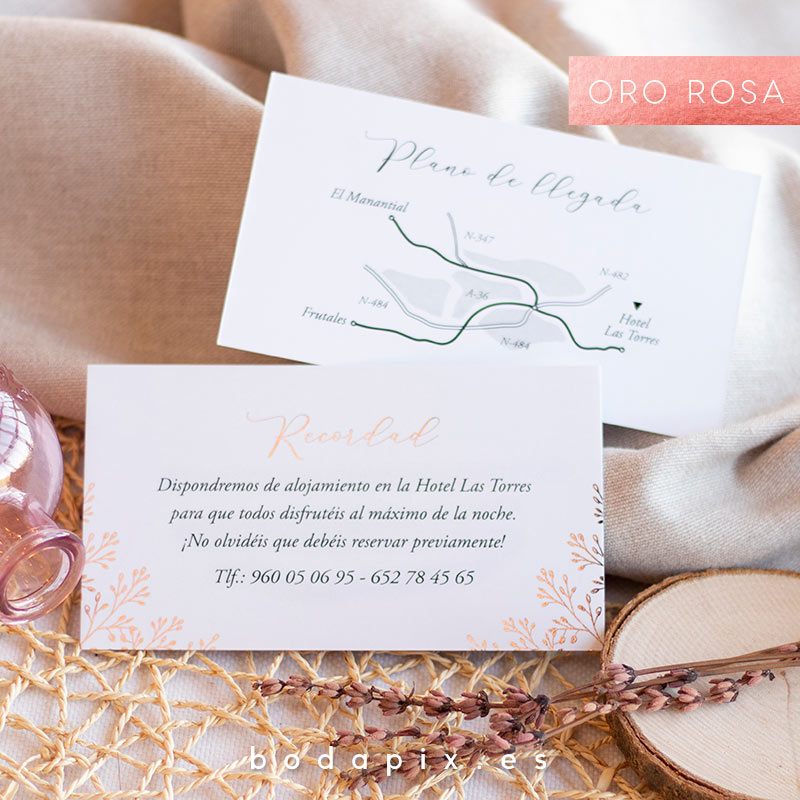 tarjetón informativo oro rosa para bodas