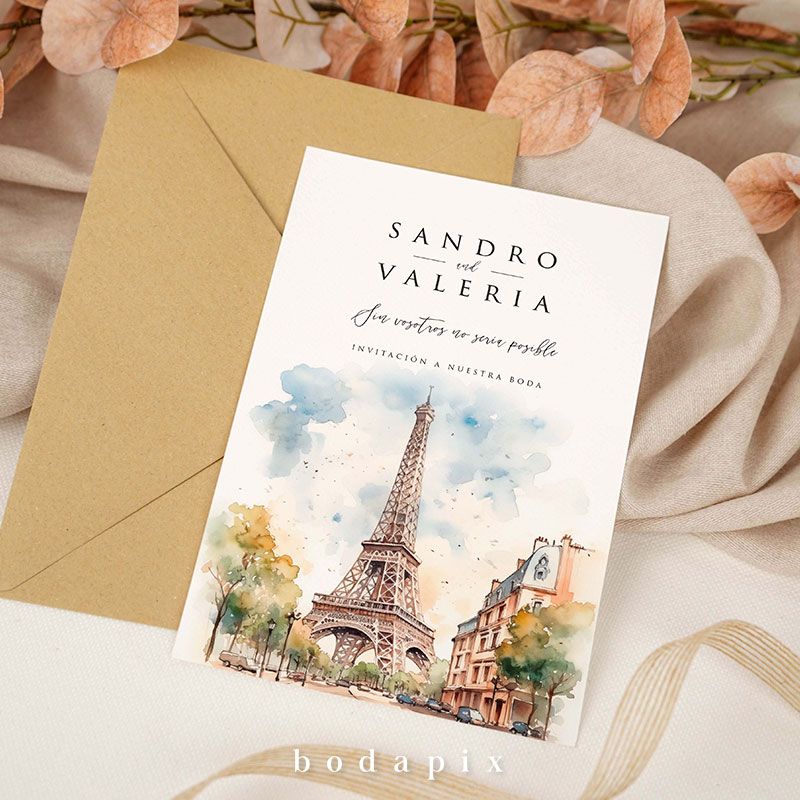 Invitación de boda con ilustración de la torre eiffel