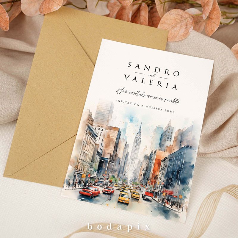 invitacion de boda con ilustracion de manhattan