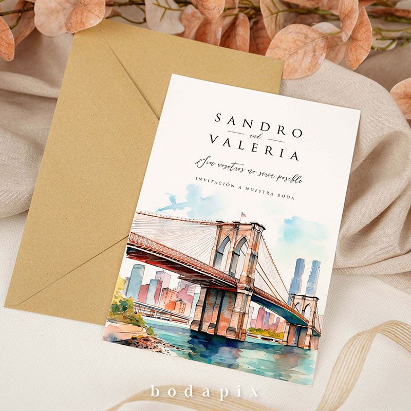 invitacion de boda con ilustracion del puente de brooklyn de nueva york