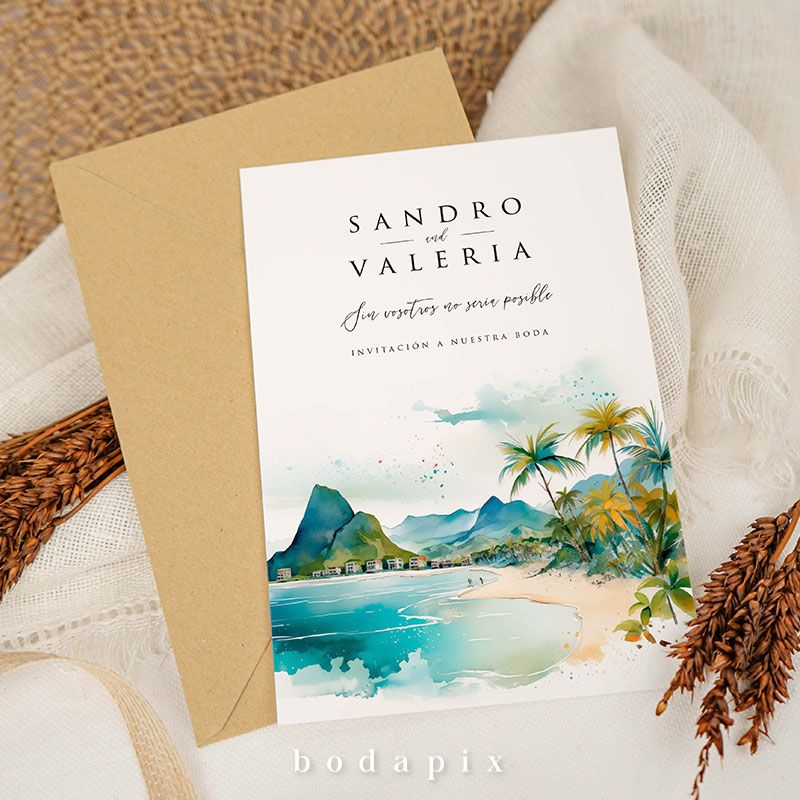 Invitacion de boda con ilustracion de la playa de ipanema en brasil