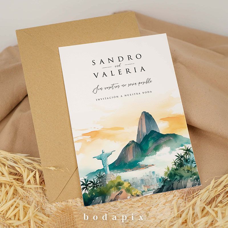 invitacion de boda con ilustracion de los monumentos de rio de janeiro