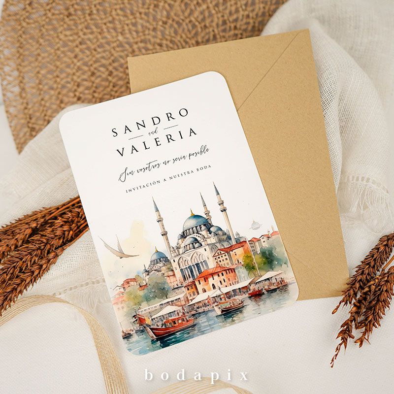 invitacion de boda con ilustracion de estambul