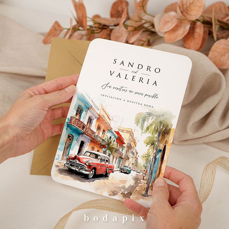 Invitación de boda con ilustración de La Habana