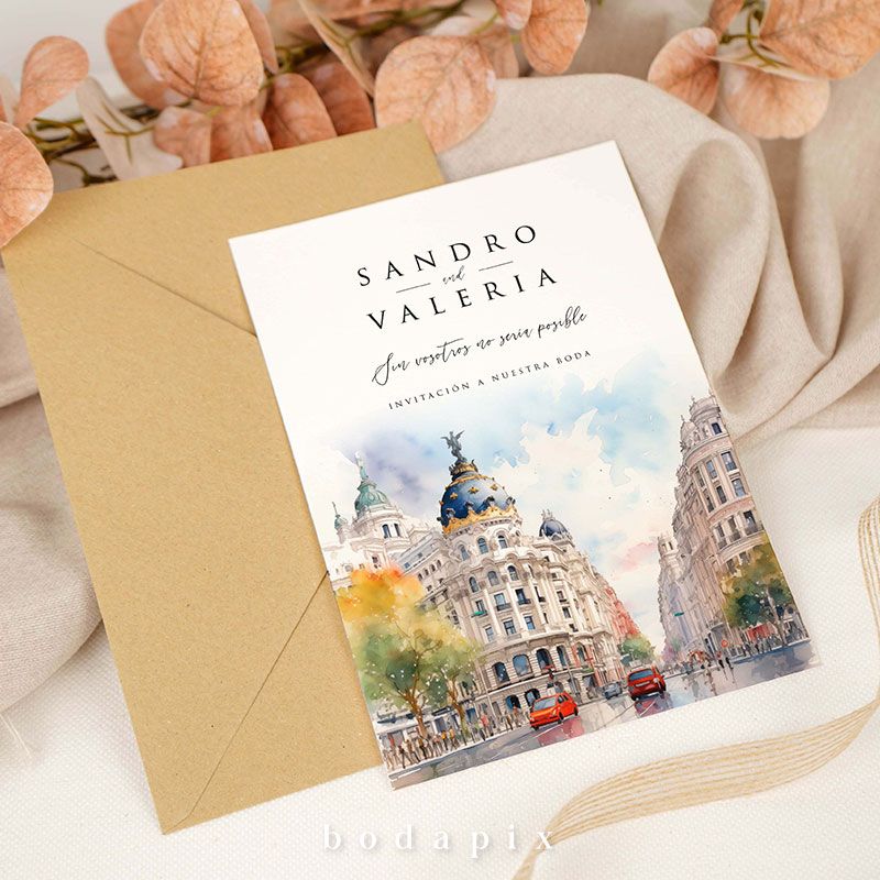 invitacion de boda con ilustracion de madrid