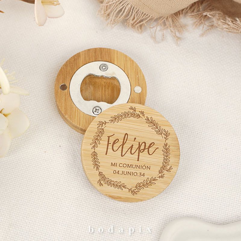 Abrebotellas de madera para comuniones con circulo vegetal