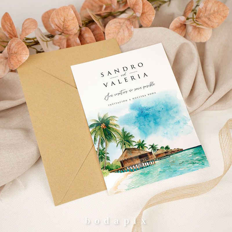 Invitación de boda con ilustracion de las islas maldivas