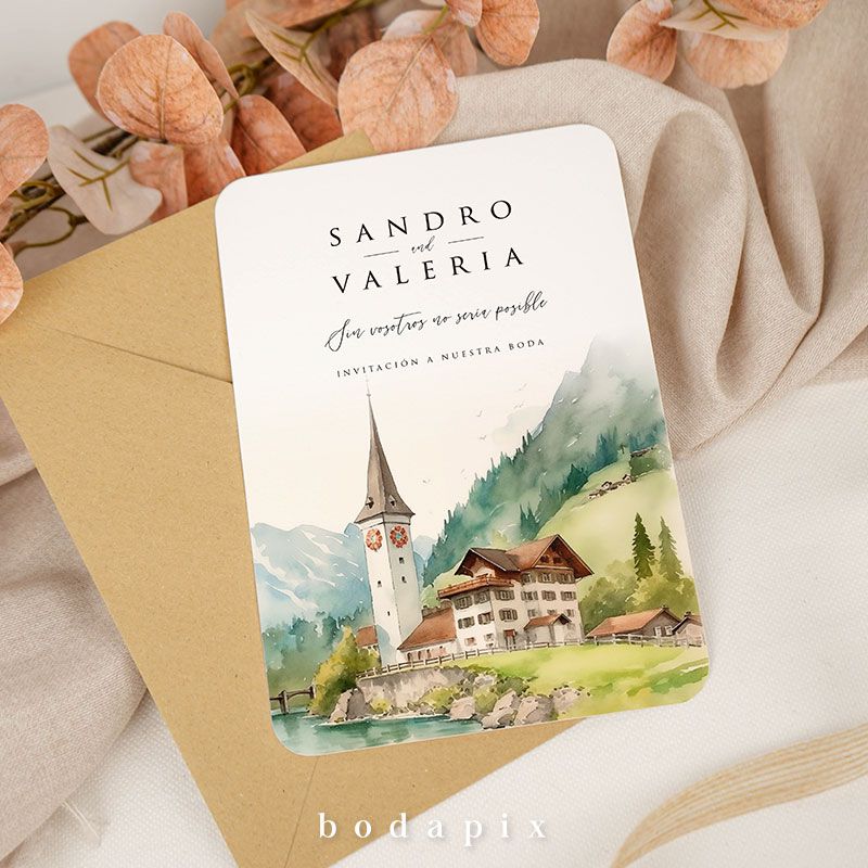 invitacion de boda con ilustracion de las montañas de Suiza